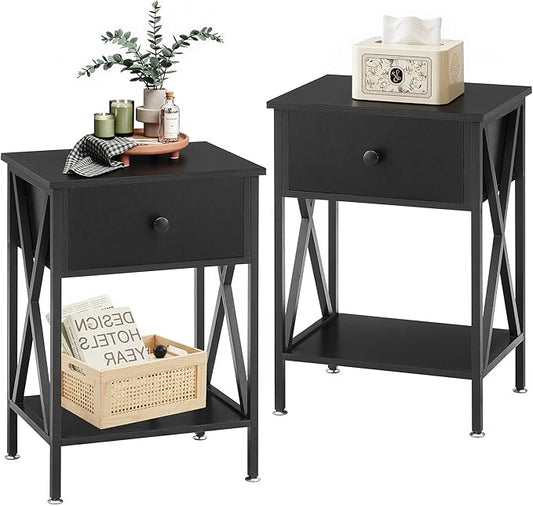 VECELO Night Stand Set of 2, End Tables with Drawer, 2-Tier Bedside Tables with X Shaped, Side Table Stand with Storage Shelf for Living Room/Bedroom,Black