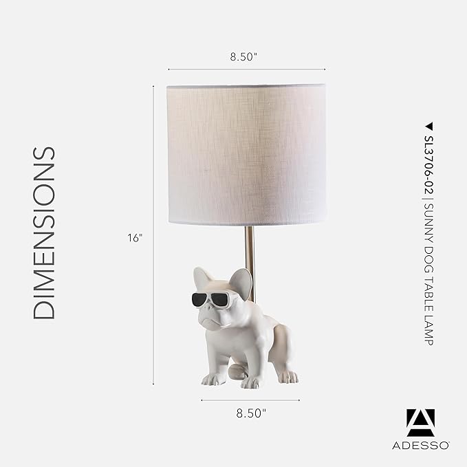 Adesso Sunny Dog Table Lamp – White Ceramic Novelty Lamp for Bedroom and Office Lighting or Living Room Décor, 16” x 8.5”