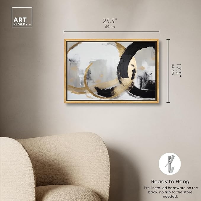 Art Remedy Another Dimension Canvas Modern Black White Abstract Wall Art, Gold Frame, 24" x 16"
