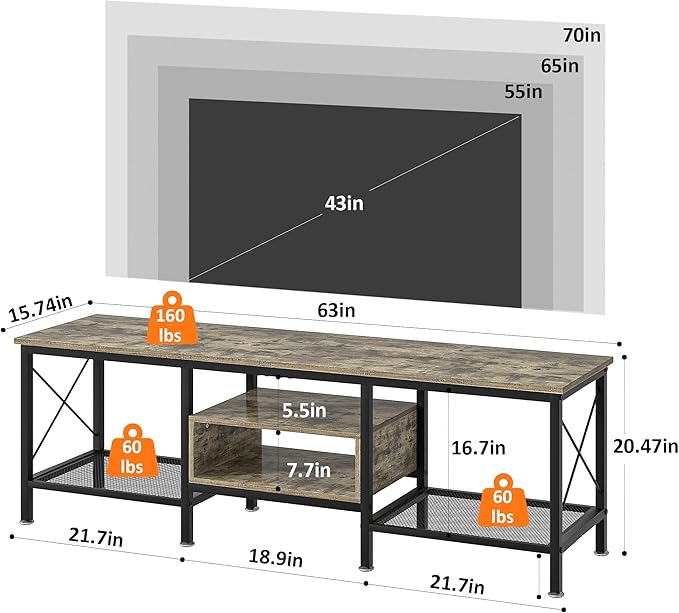 VECELO Industrial TV Stand for 70 Inch Television Cabinet 3-Tier Console with Open Storage Shelves, Entertainment Center Metal Frame for Living Room, Bedroom, 63 Inch, Grey