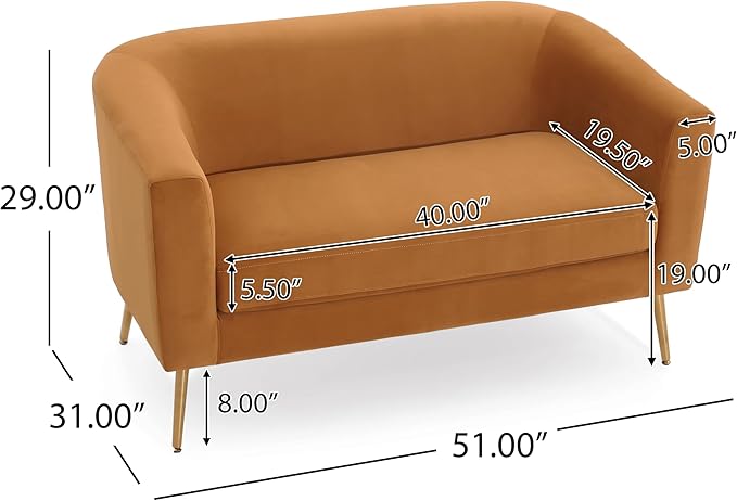 Christopher Knight Home Indoor Glam Fabric Upholstered Loveseat for Living Room,Tub-Design 2-Seater Sofa with Removable Seat Cushion and Tapered Steel Legs, Turmeric Yellow and Gold