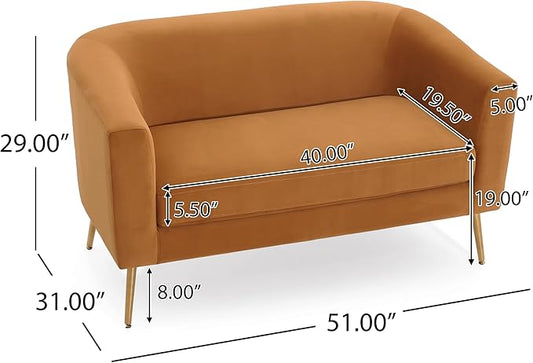 Christopher Knight Home Indoor Glam Fabric Upholstered Loveseat for Living Room,Tub-Design 2-Seater Sofa with Removable Seat Cushion and Tapered Steel Legs, Turmeric Yellow and Gold