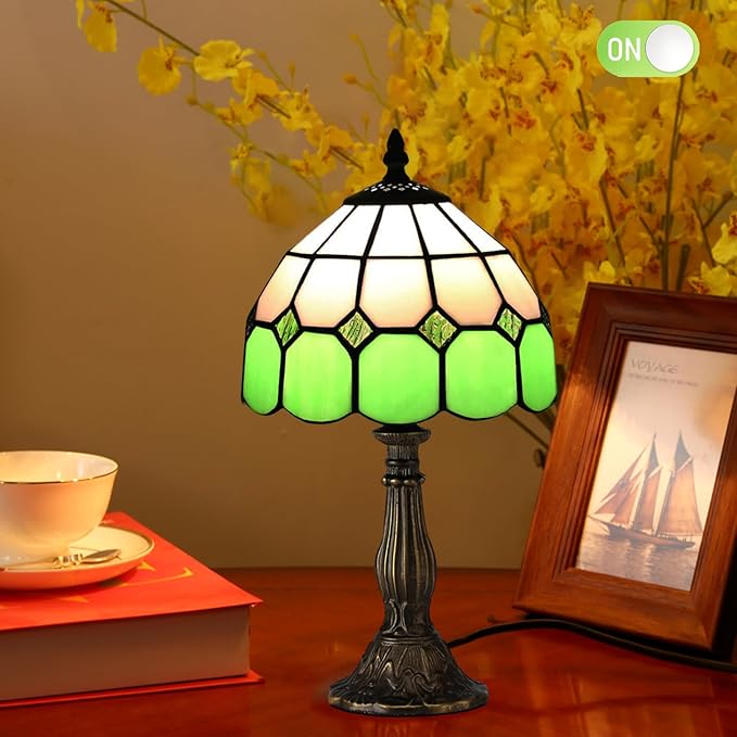 Table Lamp Tiffany-Style 8 Inch Mediterranean Series Stained Glass Lampshades Small Bedside Lamp Reading Antique Desk Light Livingroom Bedroom Office Vintage Art De(Color:Green)