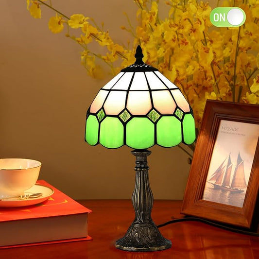 Table Lamp Tiffany-Style 8 Inch Mediterranean Series Stained Glass Lampshades Small Bedside Lamp Reading Antique Desk Light Livingroom Bedroom Office Vintage Art De(Color:Green)