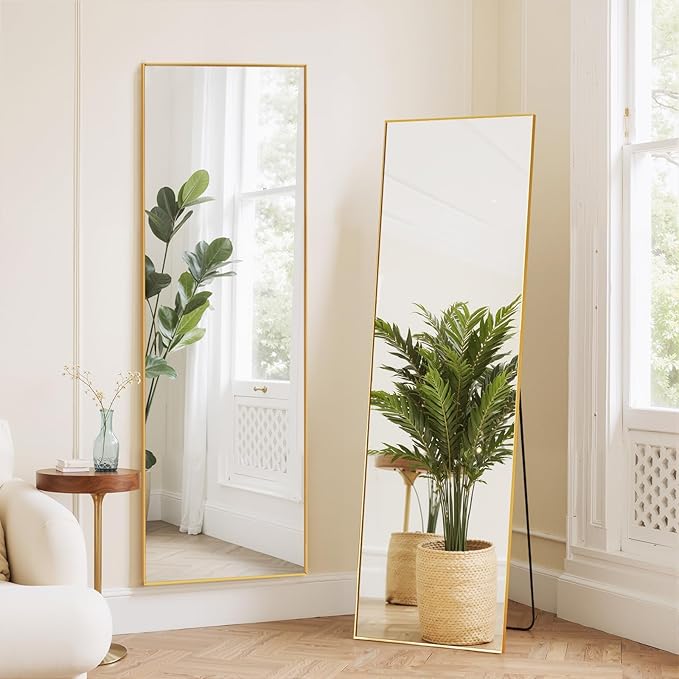 Mirror Full Length 59"x16" Rectangle Floor Mirror with Stand, Aluminum Alloy Frame & Shatterproof Glass Full Body Mirror, Freestanding Hanging or Leaning Wall Mirrors for Bedroom Closet Living Room