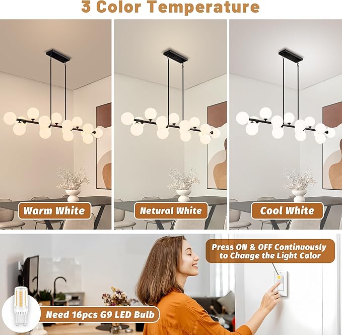 Linear Chandeliers for Dining Room, 55in Sputnik Chandeliers 16-Light Glass Globe Chandelier Black Milk White Bubble Modern Chandelier Large Pendant Lights Kitchen Island Lighting