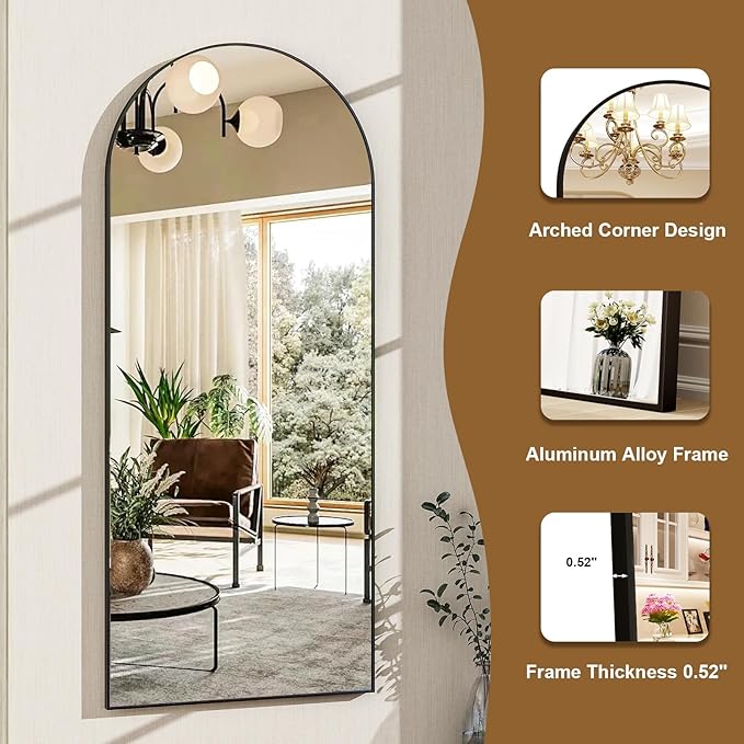 HARRITPURE Arched Full Length Mirror - 64"x21" Floor Standing Mirrors Hanging Mounted Aluminum Frame Full Body Mirror Home Decor for Living Room Bedroom Cloakroom, Black