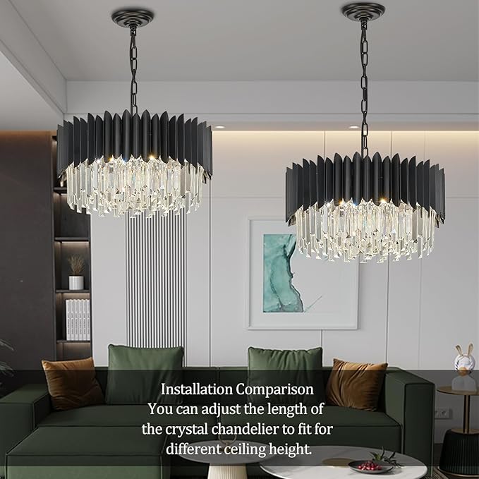 Black Crystal Chandelier 20'' K9 Crystal Round Pendant Lights Adjustable 4-Tier Large Modern Crystal Chandelier 6-Lights for Dining Room Living Room Kitchen Foyer Entryway
