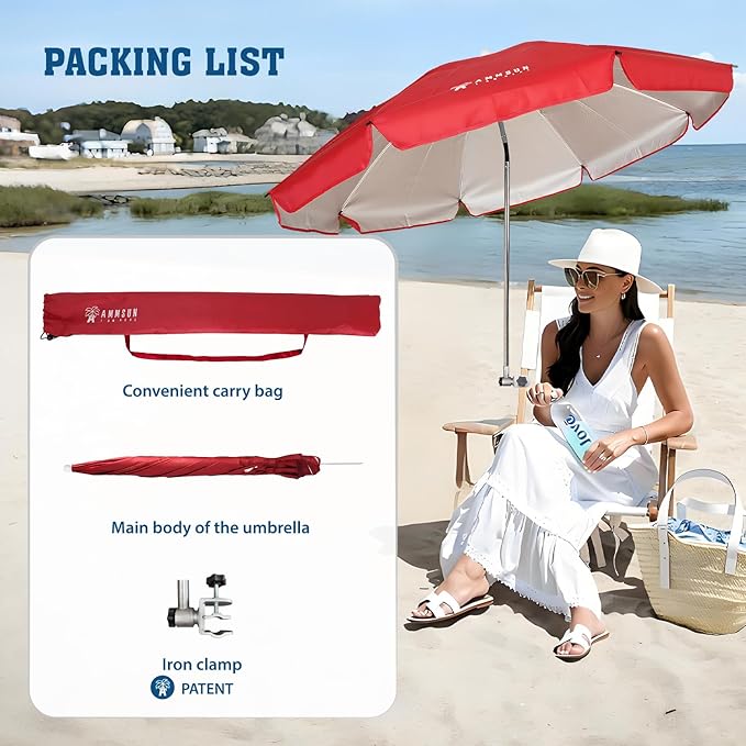 AMMSUN Chair Umbrella with Universal Clamp Adjustable 47 inches and 360° Swivel & UPF 50+ Protection Portable Sun Umbrella, Secure Clip on Camping/Beach Chairs, Stroller, Wheelchair, Golf cart, Lounger, Red, Large-sized