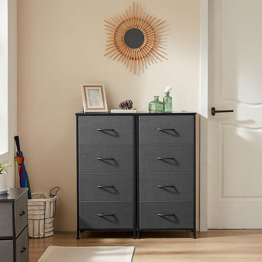 Sweetcrispy Dresser for Bedroom, Storage Drawers, Skinny Fabric Storage Tower with 4 Drawers, Tower Organizer Unit, Chest of Drawers with Wooden Top for Closet,Entryway,Grey