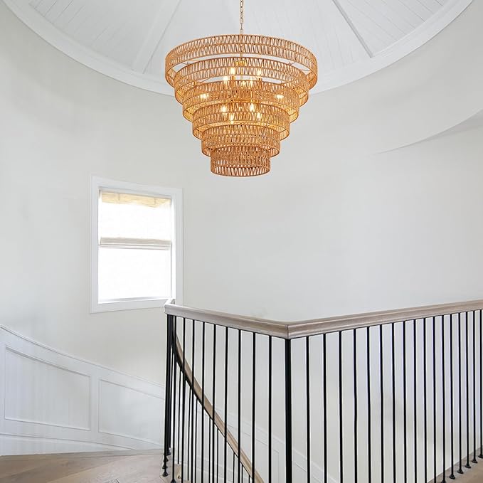31.5“ Hand-Woven Rattan Chandelier Vintage Farmhouse 12-Lights Boho Bamboo Large Chandeliers Light Fixture 6-Tier Drum Wicker Golden Chandelier for Dining Room, Living Room, Kitchen, E12