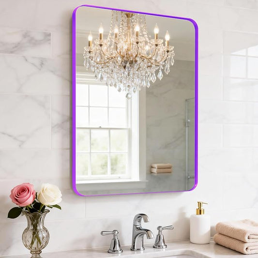 24" x 28" Purple Bathroom Mirror Wall Mounted, Matte Aluminum Alloy Frame with Rounded Corners, Shatterproof Tempered Glass, Anti-Rust HD Vanity Mirror for Bathroom, Bedroom, Entryway (White)