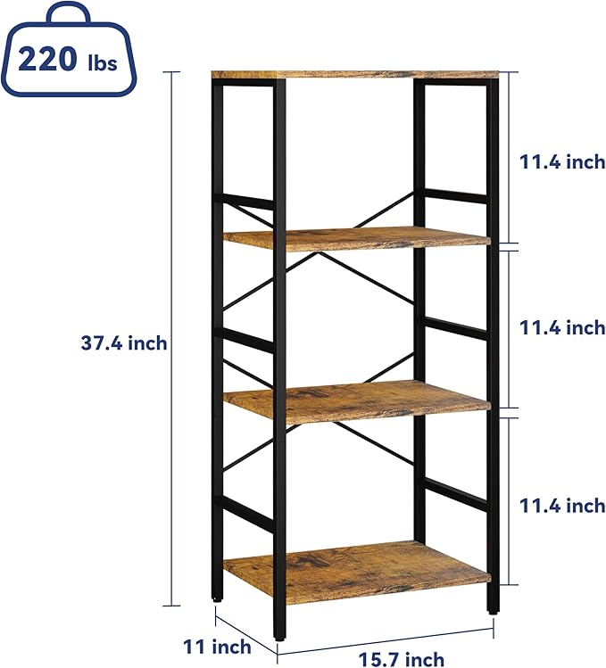 Whitmor 4 Tier Bookshelf - Small Book Shelf Industrial Bookcase, Metal Book Case Book Storage Organizer for CD/Movie/Book, Bookshelves for Bedroom Office Living Room Berry Brown