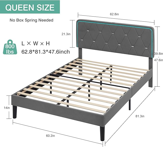 VECELO Upholstered Queen Bed Frame with Headboard Adjustable, Velvet Platform Bed with LED Lights, Charging Station, Mattress Foundation with Wooden Slats, Noise Free, No Box Spring Needed, Soft Grey