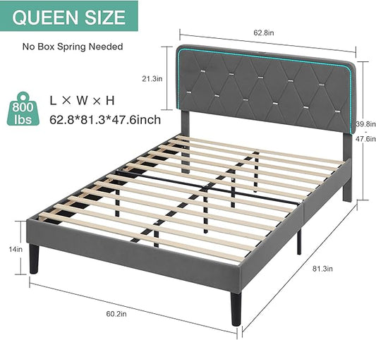 VECELO Upholstered Queen Bed Frame with Headboard Adjustable, Velvet Platform Bed with LED Lights, Charging Station, Mattress Foundation with Wooden Slats, Noise Free, No Box Spring Needed, Soft Grey