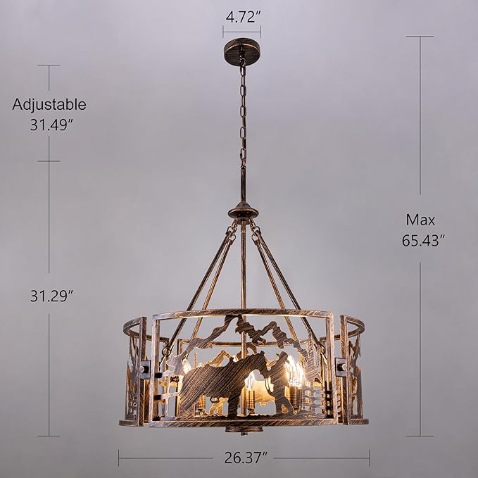 TOCHIC 6-Light Farmhouse Chandelier for Dining Room, Rustic Drum Chandelier in Bronze Metal, Western Cowboy Horse Light Fixture for Living Room, Dining Room, Bedroom, Foyers, W-26.37"