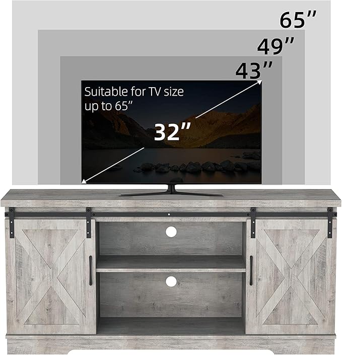 IDEALHOUSE Grey Farmhouse Cabinet, 65 Inch TV Stand with Storage, Barn Doors and Shelves, Modern TV Console Table Furniture for Living Bedroom