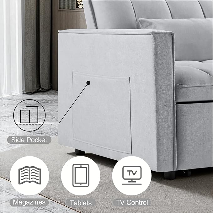 3 in 1 Convertible Sleeper Sofa Bed, 53" Pull Out Sofa Bed with 3-Level Adjustable Backrest, Velvet Fabric Loveseat Sleeper Couch for Living Room & Bedroom & Apartment & Dorm, Light Gray