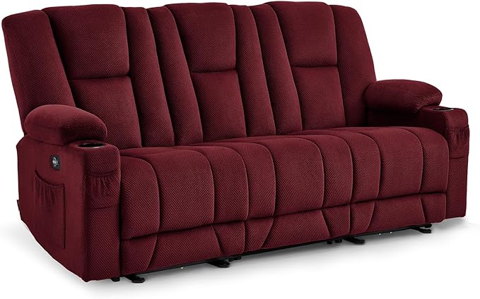 MCombo Zero Gravity 3 Seater Power Reclining Sofa with Heat and Vibration Massage, Recliner Couch for Living Room, Fabric 6035SET (Burgundy, 3 Seater)
