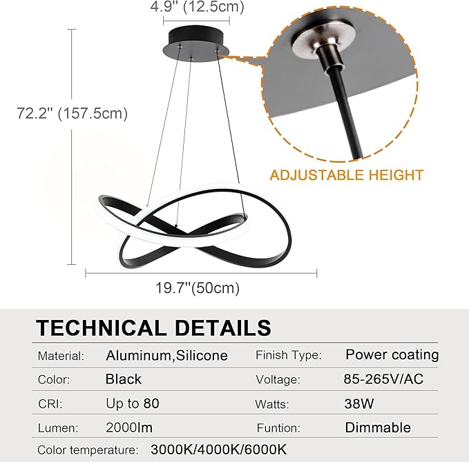 MAYNA Modern Chandelier with Remote Control, 3-Color Dimmable LED Pendant Light Fixtures, Height Adjustable Kitchen Island Lighting for Dining Room,Bedroom,Living Room, Black 19.7 inch