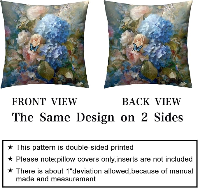 Vintage Rose Hydrangea Pillow Covers Oil Painting Floral Throw Pillow Covers Spring Summer Pillow Case 24x24 Blue Pink Flowers Cushion Case for Living Room Couch Sofa Set of 2