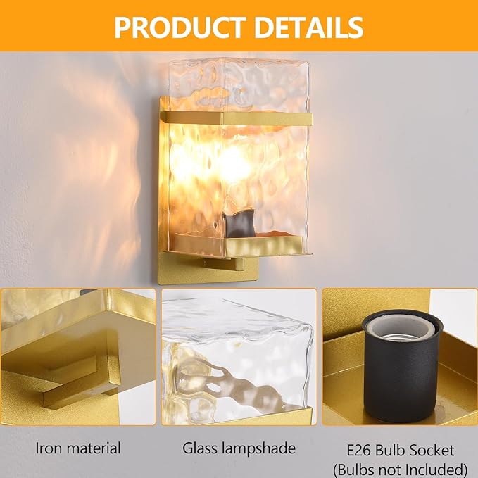Outdoor Wall Light,Gold Exterior Waterproof Lanterns,Porch Sconces Wall Mounted Lighting with E26 Sockets & Glass Shades, for Garage,Doorway,Patio,Front Door
