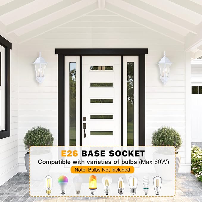 Outdoor Wall Lantern, Dusk to Dawn Exterior Wall Sconce with Clear Glass, Waterproof White Aluminum Porch Light, Anti-Rust Outside Lighting Fixtures for Patio Front Door Entryway, 2-Pack