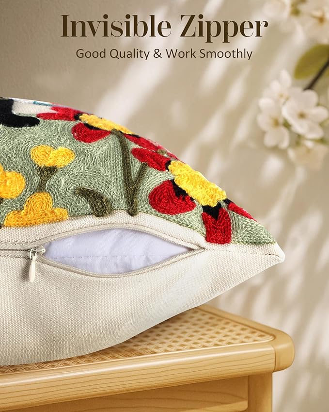 Embroidered Throw Pillow Cover - 20x20 Decorative Pillow Cover with Zipper Aesthetic Cute Design Boho Spring Summer Throw Pillowcase for Living Room Couch Sofa Bed, Flower Cats