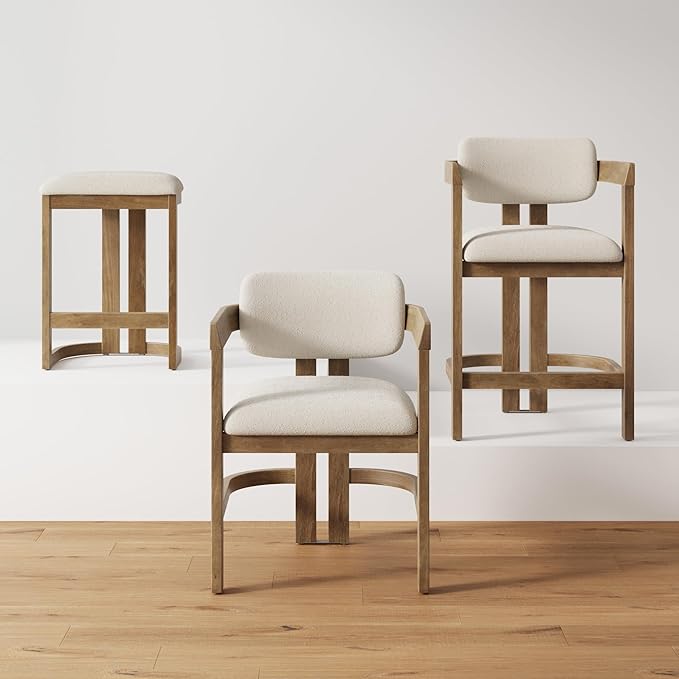 Nathan James Veya Modern Backless Bar Stool, Barrel Bar Stool with Boucle Upholstery and Solid Wood Legs, Light Brown