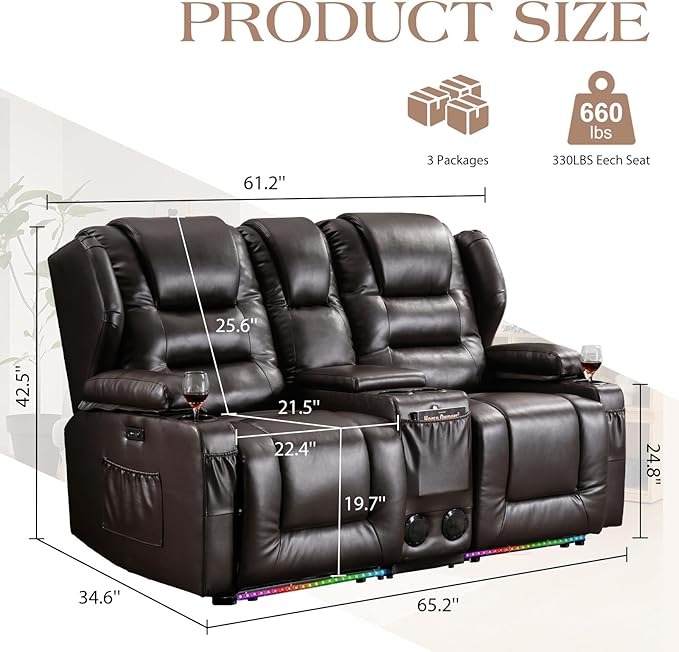 Oprisen Loveseat Power Recliner Sofa Couch Electric Reclining Sofa Chair for Living Room with Multi-Function Console/Cup Holders/LED Ambient Light