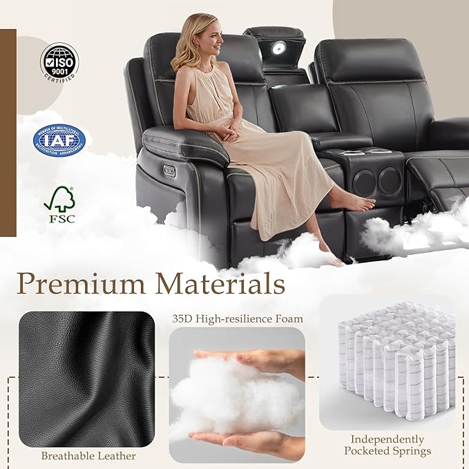 Power Reclining Loveseat with LED Reading Light/Bluetooth Speakers/Storage Drawer, Power Loveseat Recliner Sofa Wall Hugger Reclining Loveseat for Living Room(Black, 2 Seat with Console) | Outlets, USB & Type-C Ports