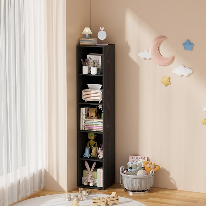 5 Tier Bookshelf, Open Tall Narrow Floor Standing Bookcase, Wooden Book Shelf Display Organizer for Home Office, Study (Black, 5 Cube)