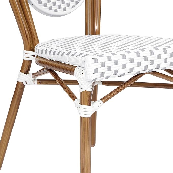 Flash Furniture Lourdes Indoor/Outdoor Commercial Thonet Bistro Stack Chair - White/Gray PE Rattan Back and Seat - Natural Bamboo Print Metal Frame - Set of 2