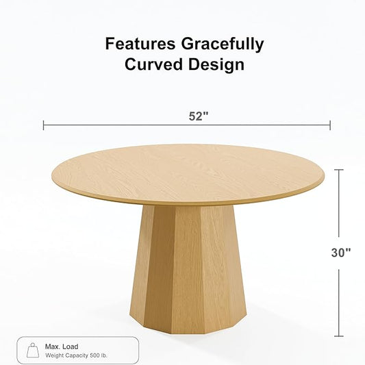 Casaphoria 52" Round Dining Table, Modern Wood Kitchen Table with Cone Shaped Strip Polygonal Base for Living Room & Dining Room, Easy Assembly Farmhouse Furniture for 4-6, Oak