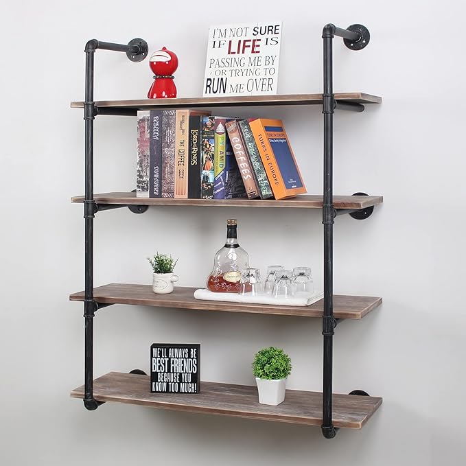 MBQQ Industrial Pipe Shelving Wall Mounted,48in Rustic Metal Floating Shelves,Steampunk Real Wood Book Shelves,Wall Shelf Unit Bookshelf Hanging Wall Shelves,Farmhouse Kitchen Bar Shelving(4 Tier)