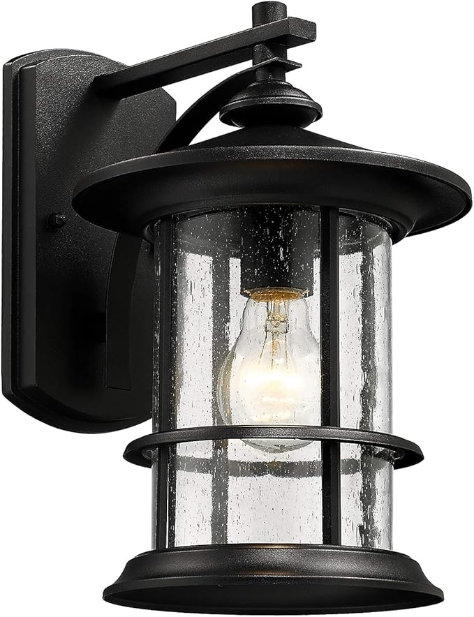 MICSIU 12.5" Large Outdoor Wall Light Fixture, Textured Black Exterior Sconce with Clear Seeded Glass, Anti-Rust Farmhouse Porch Light for Front Door, Garage, Patio, E26 Base, 1-Pack