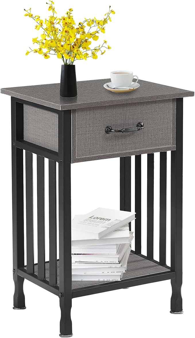 VECELO Nightstands, Industrial Side/End Tables with Drawer and Storage Shelf, Night Stands for Bedroom, Living Room, Wood Metal Furniture, Easy Assembly