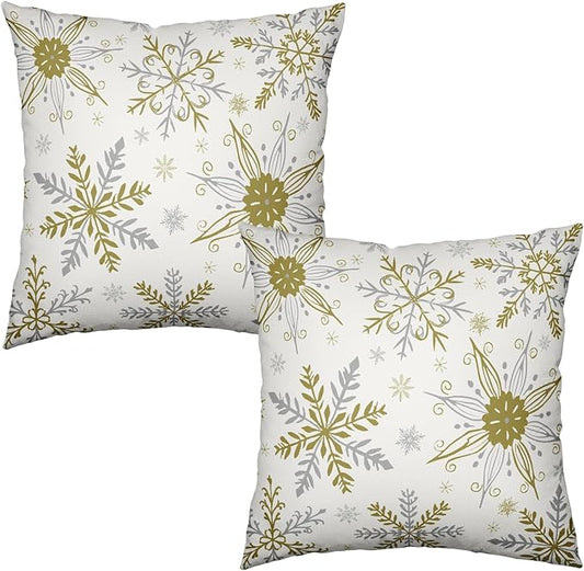 Christmas Snowflake Pillow Covers White Gold Gray Xmas Throw Pillow Cases 16x16 Set of 2 Seasonal Winter Holiday Cotton Linen Pillowcase for Farmhouse Bed Couch Sofa Living Room Decor
