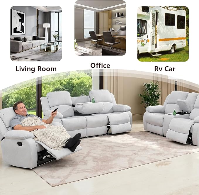 Living Room Furniture Sets Manual Reclining Sofa Set 3PCS Fabric Recliner Sofa Set Loveseat Couch Chair Set with Cup Holders&Storage Console for Living Room/Office (Grey White, 3 PCS Set)