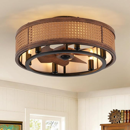 NORFOLK 20" Boho Ceiling Fan with Light, Flush Mount Ceiling Fan with Quiet Energy-Saving DC Motor & 6 E12 LED Bulbs Included, Farmhouse Rattan Caged Ceiling Fan with Light for Bedroom Living Room