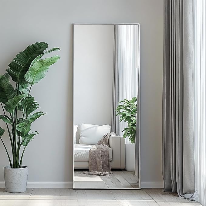 Standing Mirror Full Length, Floor Length Mirror with Aluminum Metal Frame, Body Mirrors for Bedroom, Living Room, Entryway, Bathroom. (56x18 inch, Silver)