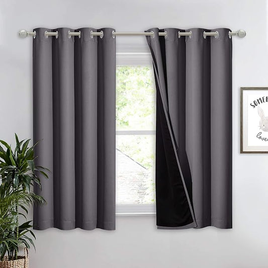 NICETOWN 100% Blackout Curtain with Black Liners, Thermal Insulated Full Blackout 2-Layer Lined Drape, Noise Cancellation Window Drapery for Dining Room (Grey, 1 Panel, 52-inch W by 54-inch L)