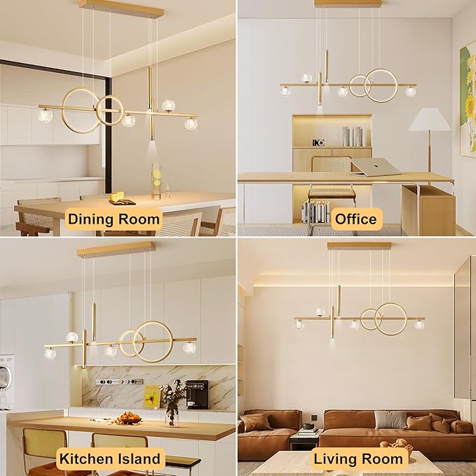 LED Gold Chandeliers for Dining Room, 47in Dimmable Modern Chandelier Gold Pendant Lights for Kitchen Island, Linear Ring Globe Pendant Light Fixtures Dining Room Lights Ceiling Hanging