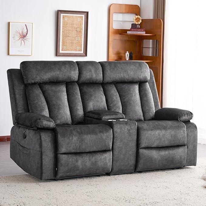 Power Reclining Loveseat with Console, Electric Double Recliner with USB/Type C/Side Pocket/Cup Holders, RV Recliners Wall Hugger Reclining Loveseat for Living Room & RV & Home Theater