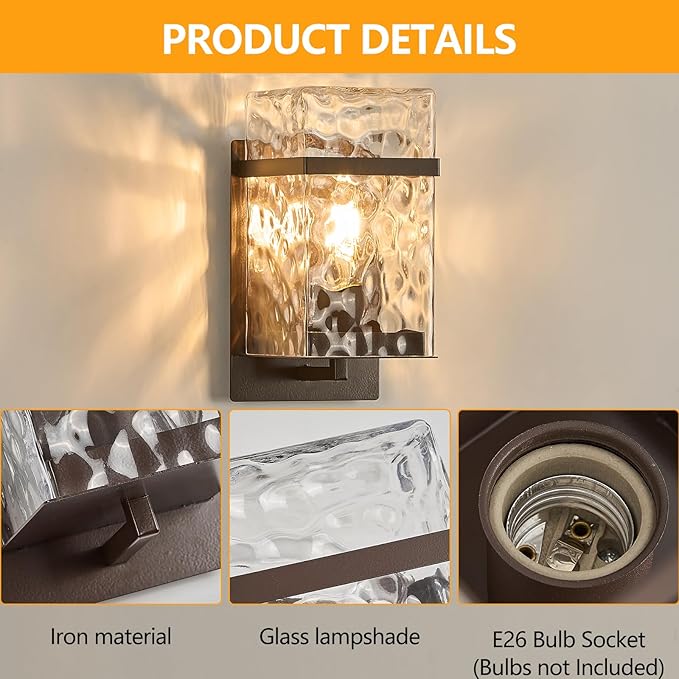 Brown Outdoor Wall Sconce, Waterproof Exterior Light Fixture, Porch Wall Mount Lighting with E26 Sockets & Glass Shades, for Garage,Doorway,Patio,Front Doo