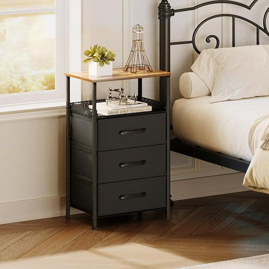 Nightstand Set of 2, Night Stands with 3 Fabirc Drawers, 26.4 Inch Tall Bedside Table with Metal Shelf, Modern Side End Table Storage Furniture, Small Dresser for Bedroom, Rustic Brown