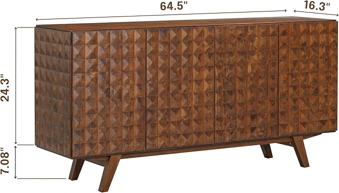 NTC Sapa Mid-Century Modern Solid Wood Sideboard – 4-Door Accent Buffet Cabinet with Carved Geometric Fronts, for Living Room, or Entryway, Effortless Assembly, Dark Walnut