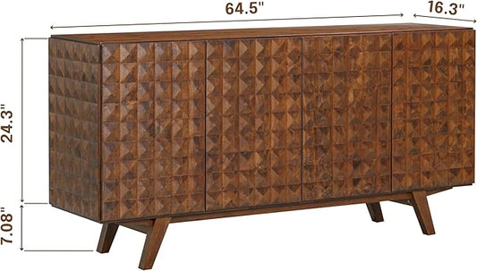 NTC Sapa Mid-Century Modern Solid Wood Sideboard – 4-Door Accent Buffet Cabinet with Carved Geometric Fronts, for Living Room, or Entryway, Effortless Assembly, Dark Walnut