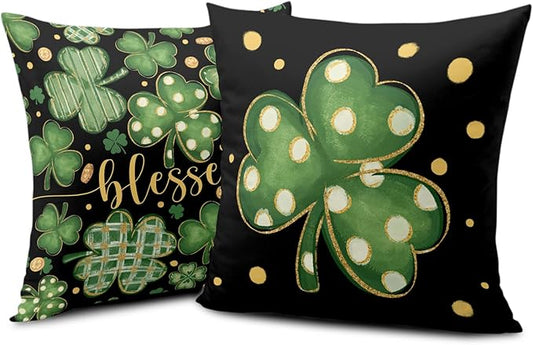 Saint Patricks Day Throw Pillow Covers Stripes Polka Dot Shamrock Clover Pillow Cases 2 Pack 24x24 March Holiday Lucky Blessed Decorative Pillow Covers for Sofa Home St Patricks Decor