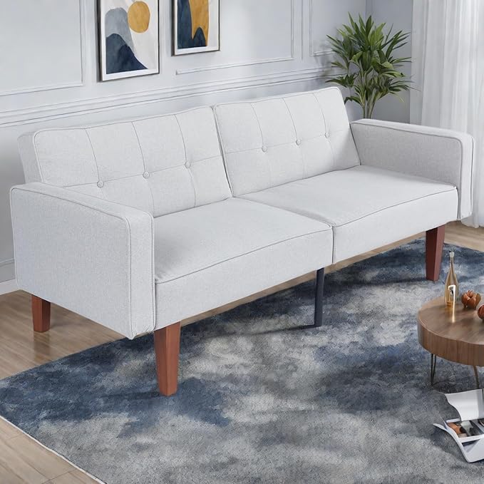 Adjustable Backrest Convertable Sofa, Modern Fabric 2-Seat Futon Sofa, Convertible Fabric Sleeper Couch with Armrests, Couch for Living Room Home Office Spaces, Grey